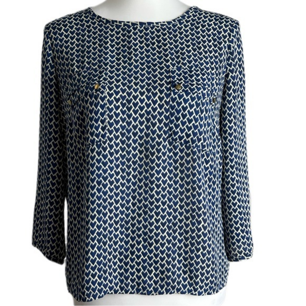 Dalia Collection Geometric Heart Print Pocket‎ Blouse Navy Blue Womens XS